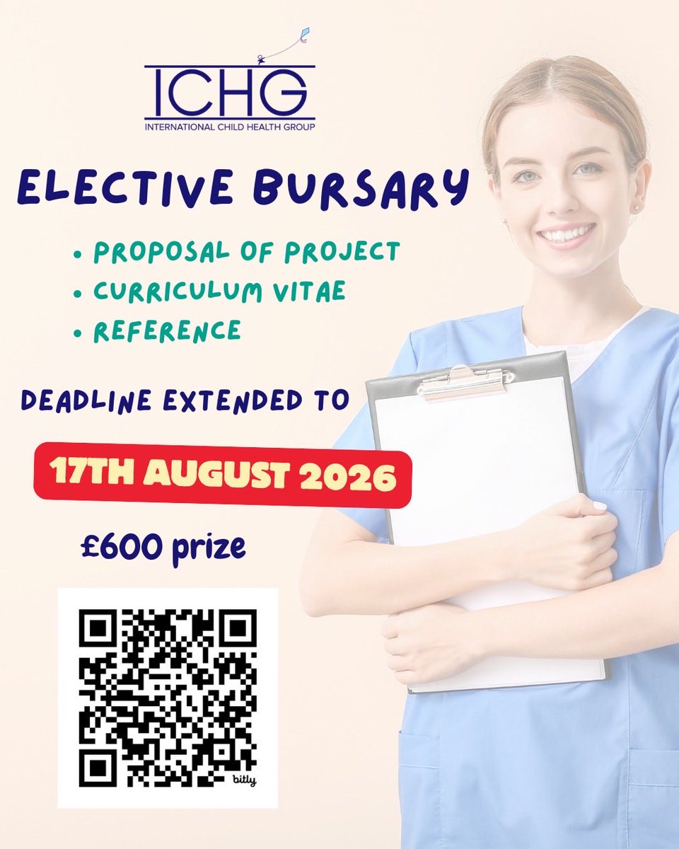 IntChildHealth's tweet photo. 📢 Deadline Extended! 📢

We've extended the application deadline for the ICHG Elective Bursary to 17 August.

🗓️ New deadline: 17 August

https://t.co/aydU3tcZIC https://t.co/j891N1FUwP