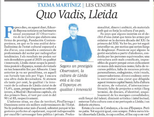 jfreixanet's tweet photo. … i un dolorós etcètera. 

Comparteixo l’article d’avui de @txmmtnz que descriu i apunta el declivi d’una ciutat que no pot esperar més. https://t.co/GSnb9Nk5uZ