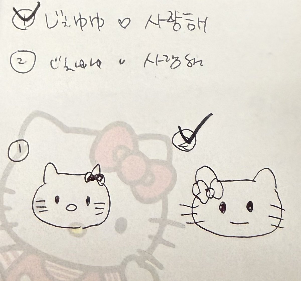 je0ng_sin's tweet photo. 怖い話
描いてすぐつきがキティ口ないよ、リボン逆だし、て言ってきたんだけど、全く同じことを言っていた(わんでー終わって床で書いたから2人ともこうなってます https://t.co/ZvJEQojDQA