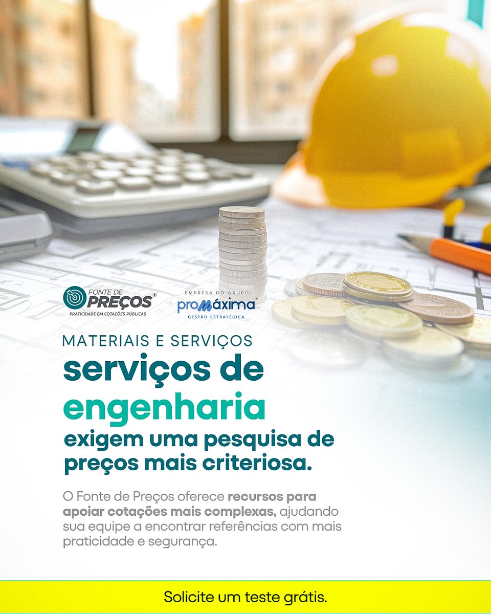 FonteDePrecos's tweet photo. Em serviços de engenharia, uma referência inadequada pode distorcer todo o orçamento. Consulte dados confiáveis, compare valores com mais critério e dê mais consistência às suas contratações. Teste o Fonte de Preços.

#FontedePreços #gestãopública #compraspúblicas #licitação https://t.co/IvhUSXeB5B