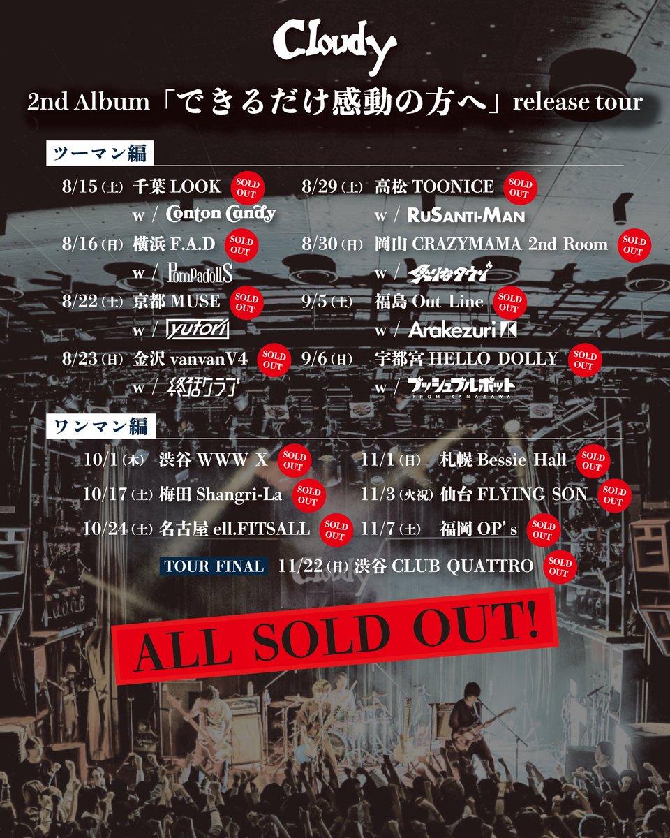 cloudy_band's tweet photo. 【ツアー全公演、完売御礼】

ツアー全15公演 SOLD OUT。
時間とお金をかけて我々の音楽に
会いに行こうと思ってくれて
どうもありがとう。
出演してくれる8バンド、
我々の冠で対バンする事を
決めてくれてどうもありがとう。
ツアーとはその名の通り旅であり
旅直前の高揚感と新たな事をやる
不安に満ちた日々をここ数日
送っている。
君の名前すら知らないが君に会いに行く為の旅であると断言する。
期待していてね。
明日8月5日、Cloudy 2nd Album
「できるだけ感動の方へ」
リリース。
こいつを理由に君に会いに行く。
11曲＋CD限定1曲の全12曲。
全ての曲に情熱と思い出がある。
恐れを感じる程に今表現したい事の全てをこの盤に込めた。
今後が不安になるくらいに。
まあ、それは今後のお前ら(Cloudy)が頑張れという想いで一切の
出し惜しみ無くこのアルバムが
完成した。
何だってできると思っていた
あの頃ほど前向きになれやしないが
何もできないと言うにはあまりにも素晴らしいアルバムを作り上げる事ができた。
明日8月5日アルバム
「できるだけ感動の方へ」
リリース。
その旅は8月15日千葉LOOKから。

導くは感動の方へ。

VoGt 小柴タケト