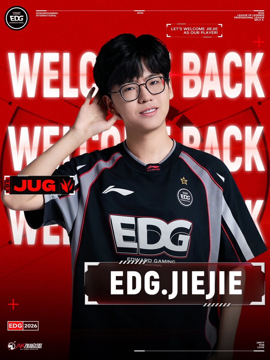EDG_Edward's tweet photo. [ANNOUNCEMENT]

Welcome back , Jiejie !

We officially announced that Jiejie will join EDWARD GAMING in 2026 as our player. Let’s move forward together!

#EDGWIN #LPL https://t.co/hadCsUYczx