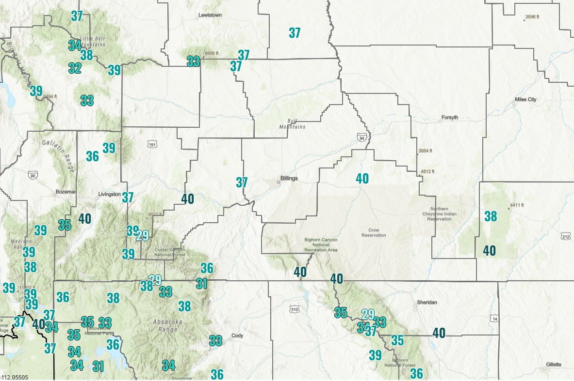 NWSBillings's tweet photo. 8/4 5am: Its a cold start to the morning in some areas. After triple digits on Saturday, temperatures are in the 30s (even in the lower elevations in some locations) this morning. 20s are showing up in the mountains. #MTwx #WYwx https://t.co/wUccYK74TE