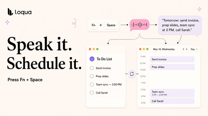 theLoqua's tweet photo. A new way to turn your thoughts into plans is here✨
 
Press Fn+Space —— say what needs to be done
and Loqua instantly turns your voice into a structured To-Do list that syncs with your Mac Calendar  

Just speak your plans, and let Loqua organize them for you  
#Productivity #AI https://t.co/qw5QwDPE8B