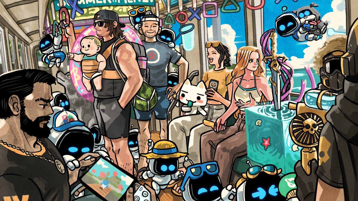 PlayStation_jp's tweet photo. 暑い夏、皆さんどうお過ごしですか？
PlayStation®のキャラクターたちは、みんなで海に行くそうですよ🚃 ⇢ 🏖️

Art by タケウチ　リョースケ @ryosuketarou
#プレイステーション https://t.co/2N7gV6eVd0