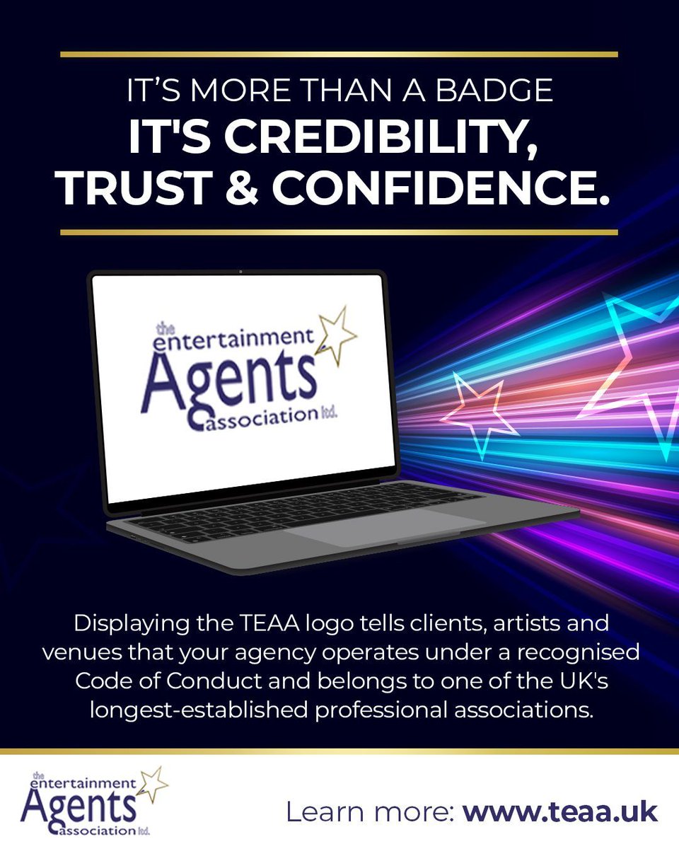 TEAAUK's tweet photo. ⭐ Displaying the TEAA logo tells clients, artists and venues that your agency operates under a recognised Code of Conduct and belongs to one of the UK's longest-established professional associations. 

 👉 Learn more: https://t.co/kYxzfPRDZZ https://t.co/LdLCcuE4DA