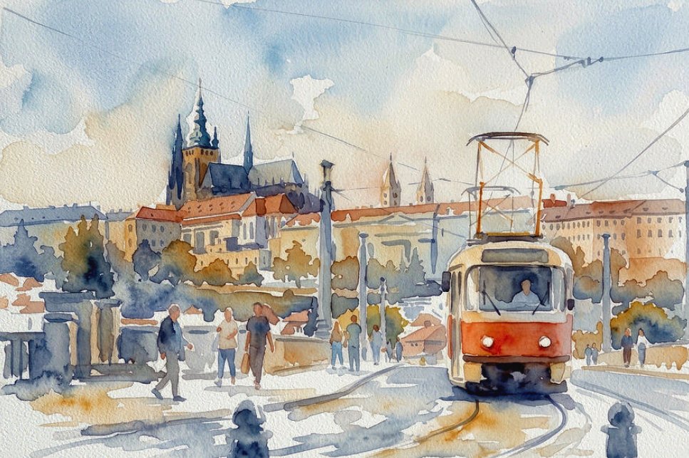 ArtSyndrome75's tweet photo. A beautiful panoramic view of Prague, where a classic red and cream tram and local travelers share a historic stone bridge. In the background, the grand silhouette of #PragueCastle and St. Vitus Cathedral rise over warm, terracotta rooftops.

https://t.co/mKMjuoM1PS https://t.co/PuhdBElhNu