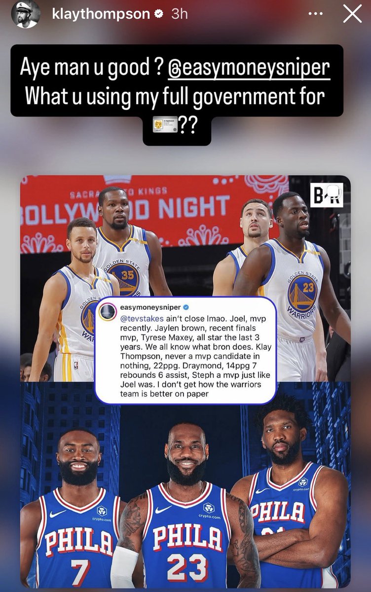 Ballislife's tweet photo. KD: “Klay Thompson, never a MVP in nothing, 22 PPG.” 

KLAY: “Aye man, you good? What you using my full government for?” https://t.co/Xp64dBYPxq
