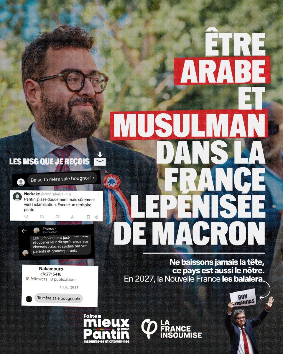 B10Benmaghsoula's tweet photo. Voilà une partie des messages que j'ai reçus après mon discours à #Pantin pour la Palestine et le droit international.

Être arabe ou noir ou musulman, dans la France lepénisée de Macron, c’est ça.

On ne baissera jamais la tête.

En 2027, la Nouvelle France les balaiera. 🧹 https://t.co/MjrgoyrRAU