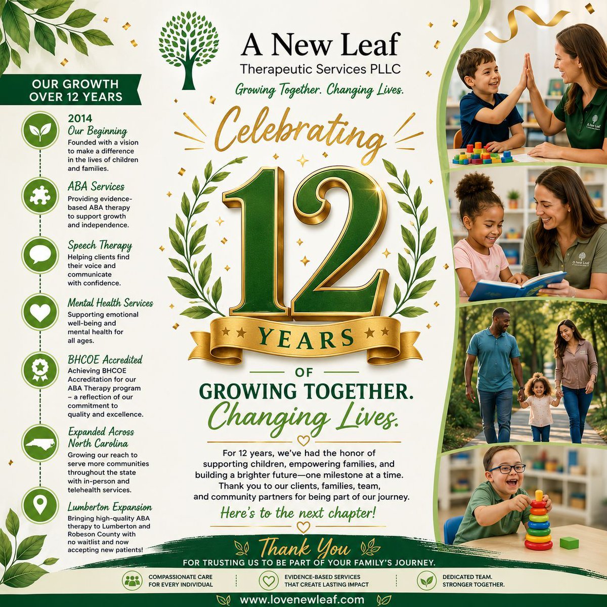 _newleaftherapy's tweet photo. Today, A New Leaf Therapeutic Services proudly celebrates 12 years of serving children, families, and communities across North Carolina.
#12YearAnniversary #HealthcareLeadership #BehaviorAnalysis #MentalHealth #SpeechTherapy #BHCOE #CommunityImpact #NorthCarolinaHealthcare https://t.co/95iqkwz4fB
