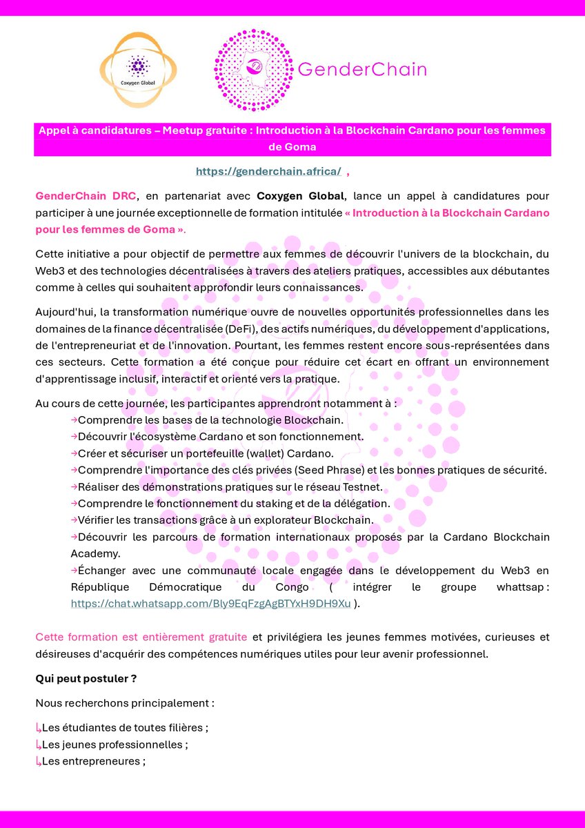 GenderChain_Rdc's tweet photo. Formation blockchain GRATUITE pour les femmes de Goma. 👇

→Une journée complète — wallets, Testnet, staking, blockchain explorer. 
→Aucune expérience requise.

 ↳ Inscris-toi : https://t.co/yfos38hiuL
 
RT pour faire passer le mot 🙏 https://t.co/K5twxhOZYP