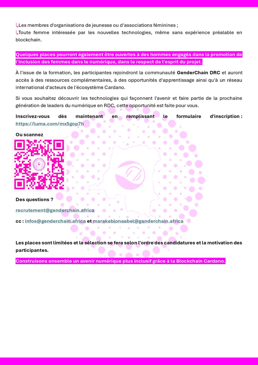 GenderChain_Rdc's tweet photo. Formation blockchain GRATUITE pour les femmes de Goma. 👇

→Une journée complète — wallets, Testnet, staking, blockchain explorer. 
→Aucune expérience requise.

 ↳ Inscris-toi : https://t.co/yfos38hiuL
 
RT pour faire passer le mot 🙏 https://t.co/K5twxhOZYP