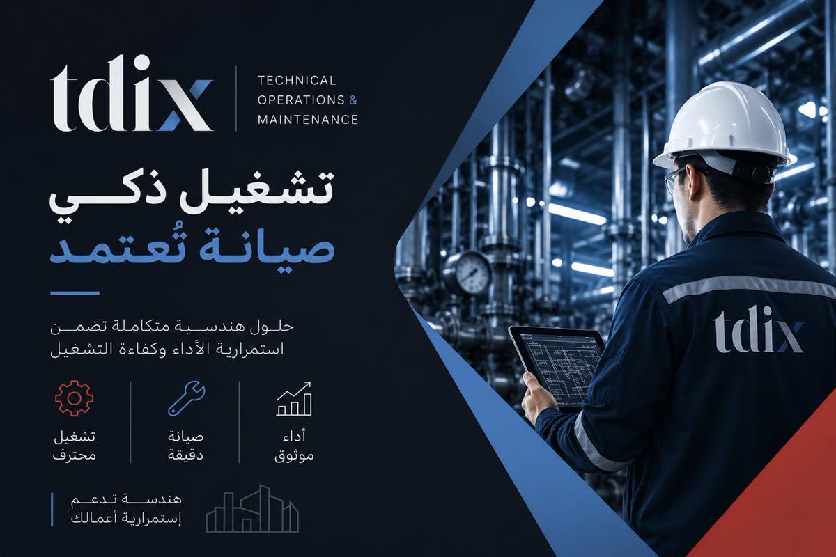 Tdix_sa's tweet photo. تشغيل أكثر كفاءة… وصيانة تُحدث الفرق.

#التشغيل_والصيانة #الصيانة_الوقائية #الحلول_الهندسية #إدارة_المرافق #TDIX https://t.co/drvfMQtJAs