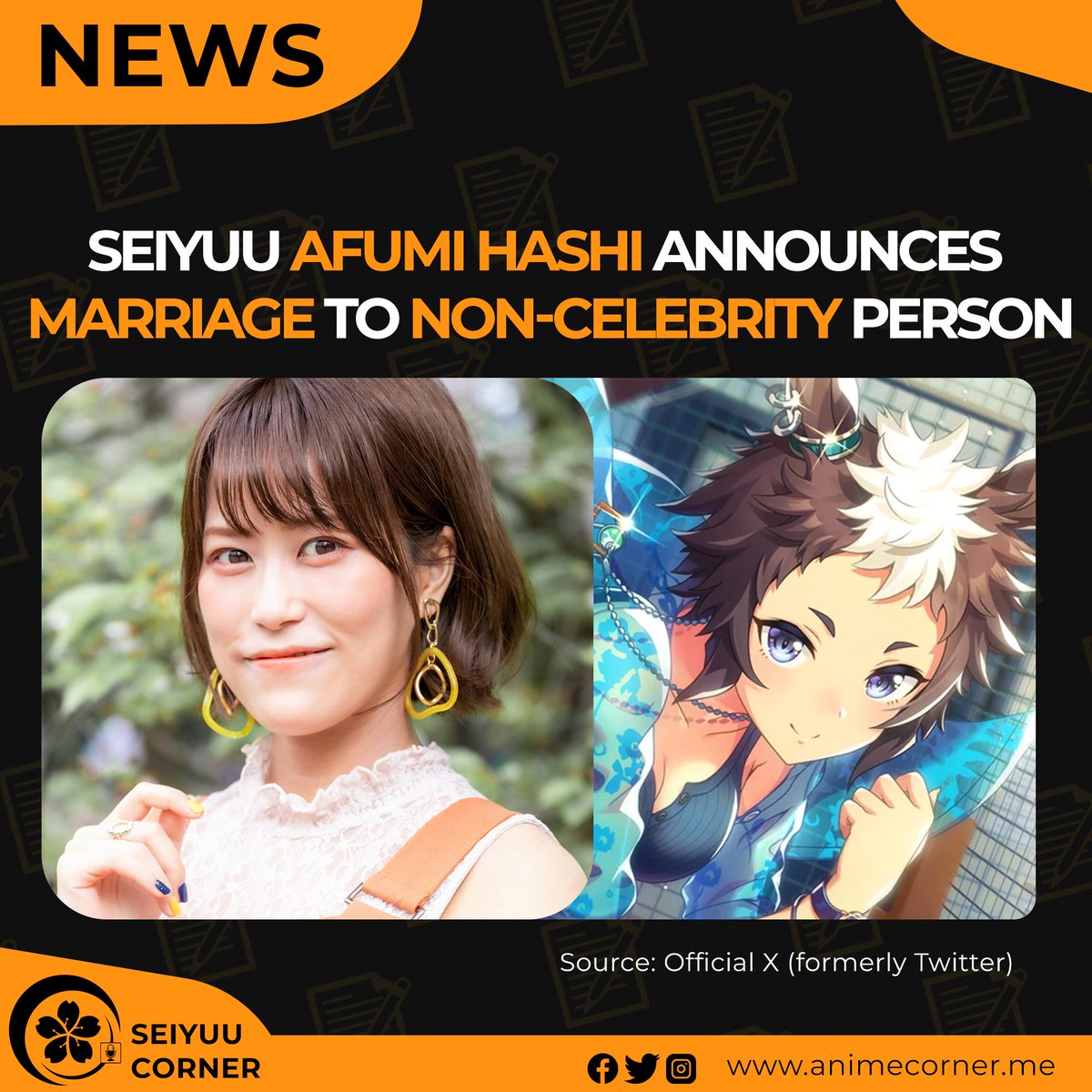 seiyuucorner's tweet photo. Voice actress Afumi Hashi has announced her marriage to someone outside of the entertainment industry.

In a written statement, she expressed her gratitude to her fans for allowing her to enjoy such a happy career as a voice actress and said she will continue giving her all to her work while bringing them the same energy and support as before.

Hashi is known for voicing Mejiro Ryan in Umamusume.