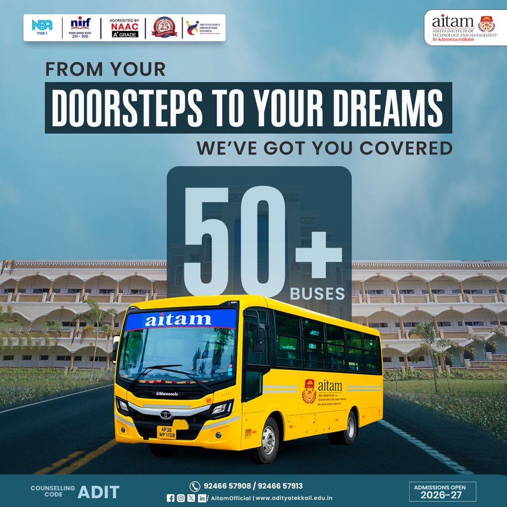 AitamOfficial's tweet photo. 🚌 From Your Doorstep to Your Dreams!
Distance should never stand between you and quality education. At AITAM, our fleet of 50+ buses ensures safe, reliable, and comfortable transportation across Srikakulam.
#aitam #bestengineeringcollege #admissionsopen #topengineeringcollege https://t.co/aDNHTeXIQq