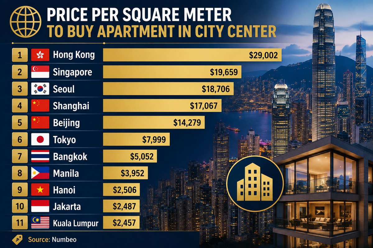 PlanetCount's tweet photo. 🌐Price per square meter to buy apartment in city center

🇭🇰 Hong Kong: $29,002
🇸🇬 Singapore: $19,659
🇰🇷 Seoul: $18,706
🇨🇳 Shanghai: $17,067
🇨🇳 Beijing $14,279
🇯🇵 Tokyo: $7,999
🇹🇭 Bangkok: $5,052
🇵🇭 Manila: $3,952
🇻🇳 Hanoi: $2,506
🇮🇩 Jakarta: $2,487
🇲🇾 Kuala Lumpur: $2,457

Numbeo