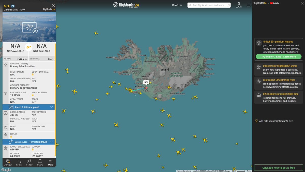 AIYeyENGDdJkjTr's tweet photo. Aug. 4, 2026
#Keflavík, Iceland ==> #Barents Sea #Murmansk offshore

#NoCALLSIGN #AE688D USN P-8A Poseidon 

Refueling 
#RAF Mildenhall ==> #Norwegian Sea 

#NoCALLSIGN #AE04C3 USAF KC-135T Stratotanker https://t.co/2kT1P6Nitr