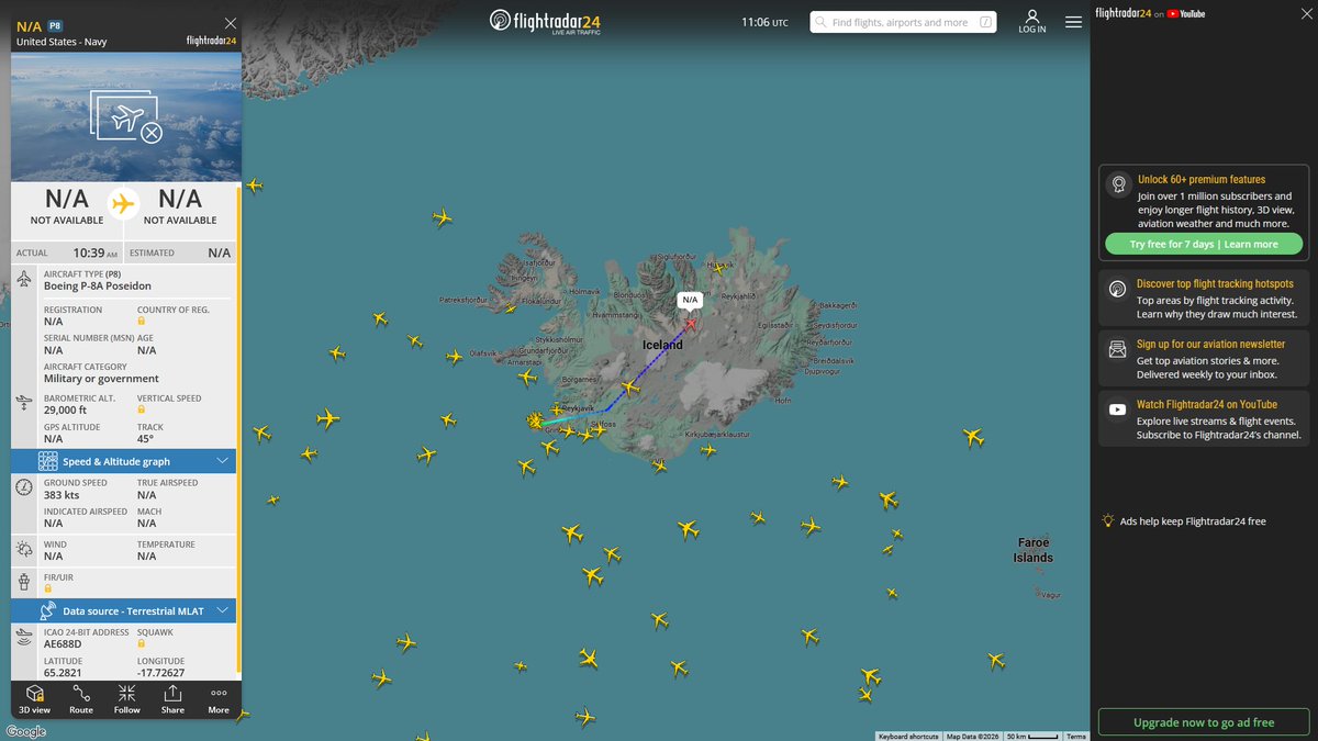 AIYeyENGDdJkjTr's tweet photo. Aug. 4, 2026
#Keflavík, Iceland ==> #Barents Sea #Murmansk offshore

#NoCALLSIGN #AE688D USN P-8A Poseidon 

Refueling 
#RAF Mildenhall ==> #Norwegian Sea 

#NoCALLSIGN #AE04C3 USAF KC-135T Stratotanker https://t.co/2kT1P6Nitr