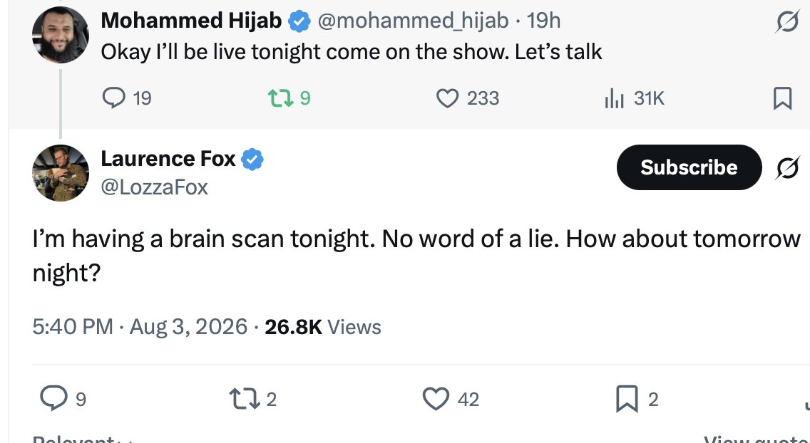 mohammed_hijab's tweet photo. The free speech “champion” Laurence Fox @LozzaFox  used a brain scan yesterday as an excuse to dodge our discussion and said we’d talk today. I asked him what time… radio silence. Perhaps he’s currently getting a testicular ultrasound to check whether there’s anything left down there.