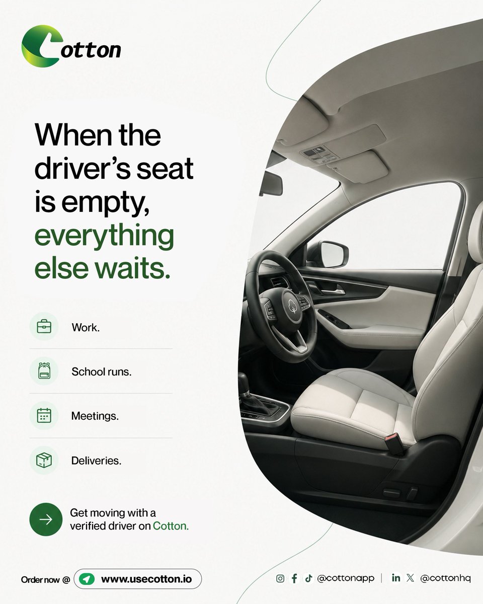_usecotton's tweet photo. An empty driver’s seat can put your entire day on hold.
From work and school runs to meetings, Cotton connects you with verified drivers so you can keep moving without the stress.
Get moving with Cotton.
🔗 Link in bio.

#Usecotton
#Lagos
#Ridesafe
#VerifiedDrivers
#Explore https://t.co/iIrkWi97Ea