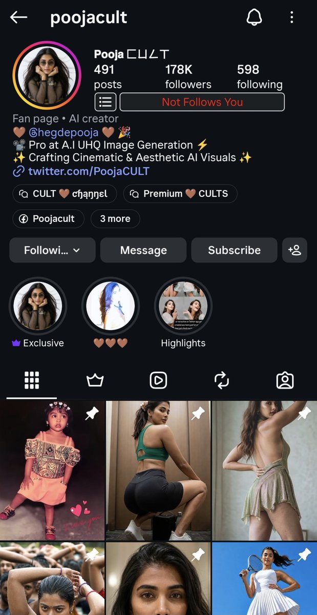 PromptExp's tweet photo. @mrunal0801 All Deepfake of Pooja Hegde and selling Exclusive Content 
Instagram link - https://t.co/AkBYtDrGAb

𝕏 Account - @PoojaCULT https://t.co/tdKMqrYrdW