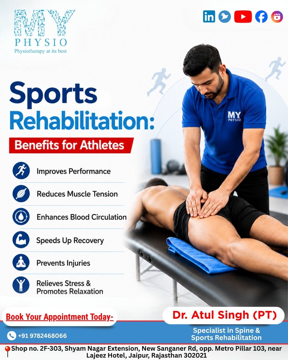 MyPhysioIndia's tweet photo. 🏃‍♂️ Sports injuries don't have to end your game.

Sports Rehabilitation helps:
✔️ Improve performance
✔️ Speed up recovery
✔️ Reduce muscle tension
✔️ Prevent future injuries
Train smarter. Recover stronger.
📍 MY Physio, Jaipur
📞 +91 9782468066 https://t.co/go1pQndaeX