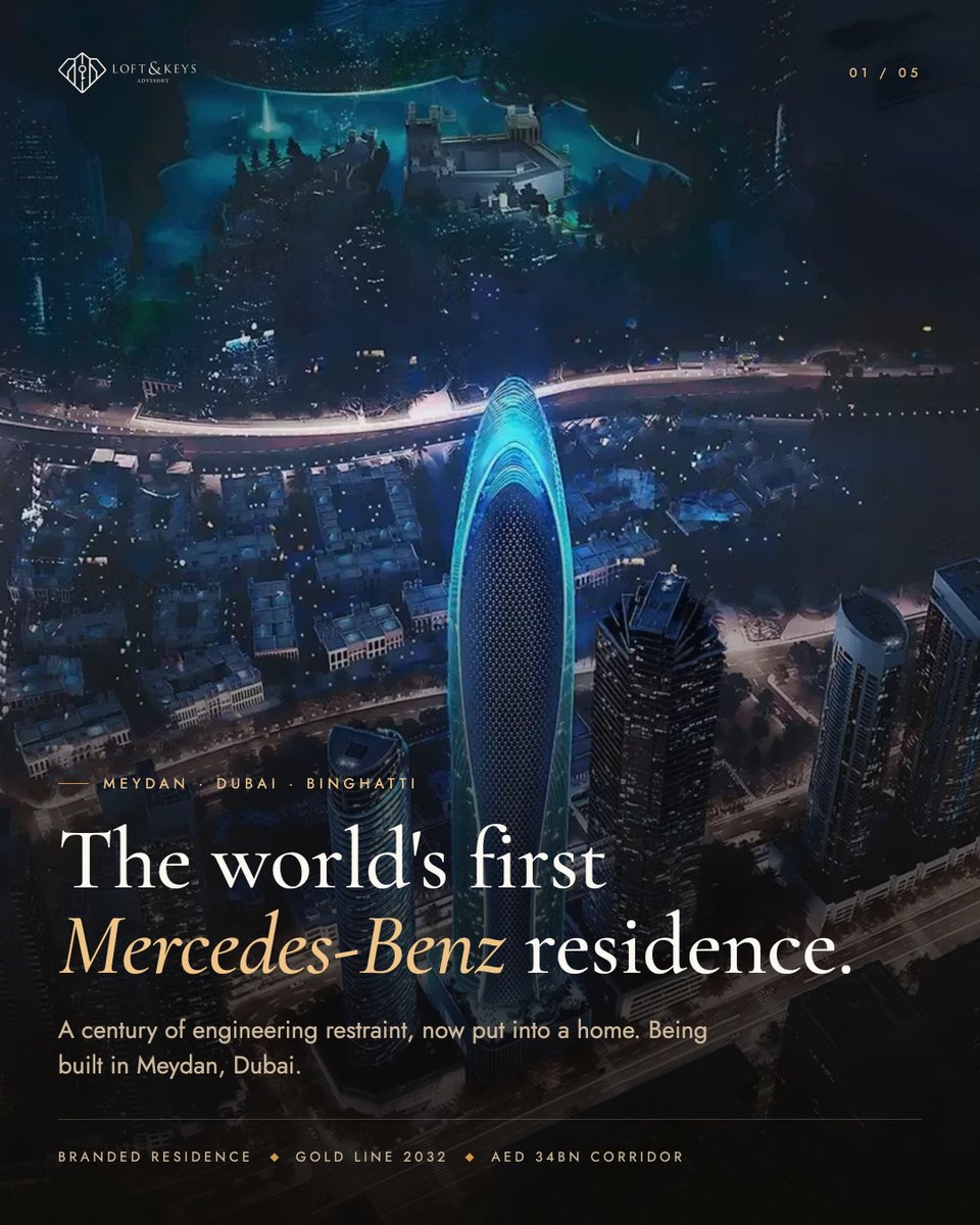 loftandkeys's tweet photo. The first Mercedes-Benz branded residence in the world is being built in Dubai.

Sit with that for a second. A company whose entire century-long reputation rests on precision, engineering and restraint decided that the place to put its name on a home was Meydan.

That matters beyond the badge. Branded residences carry a documented premium and, more importantly, a documented consistency, because the brand cannot afford to let quality slip against its own name. The build standard, the finish, the management: all of it is held to a bar most developers are never asked to clear.

The location does its own quiet work. Meydan sits on the AED 34 billion Gold Line corridor, funded and confirmed for 2032, running through the districts Dubai is deliberately building its next decade around.

So you are buying two things at once: a globally trusted name that protects resale, and a position on an infrastructure line the market has not fully priced yet.

Here is the question I keep coming back to: does a globally trusted brand actually change how you value a home, or is it just a badge you pay extra for?
 
#MercedesBenz #loftandkeys #Binghatti #Dubai #LuxuryRealEstate https://t.co/ajuWGUz5zM