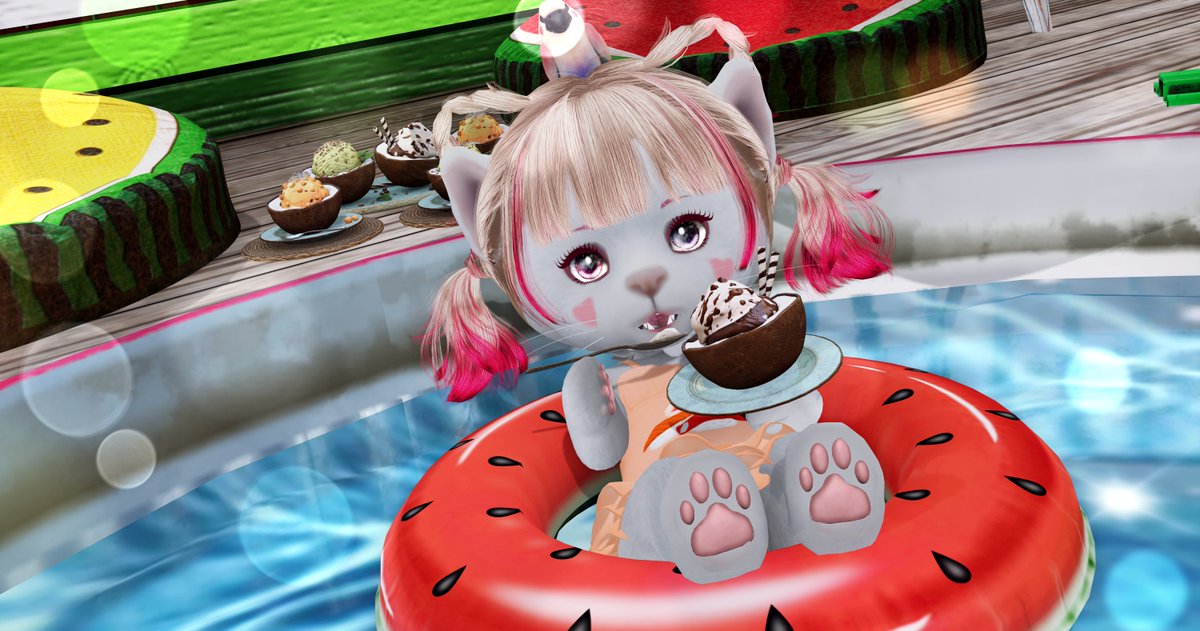 RoseFrosti's tweet photo. にゅふん。プールで涼みながらのココナッツアイスは💖最&高💖なのにゃ! https://t.co/y7JoLFEzNV