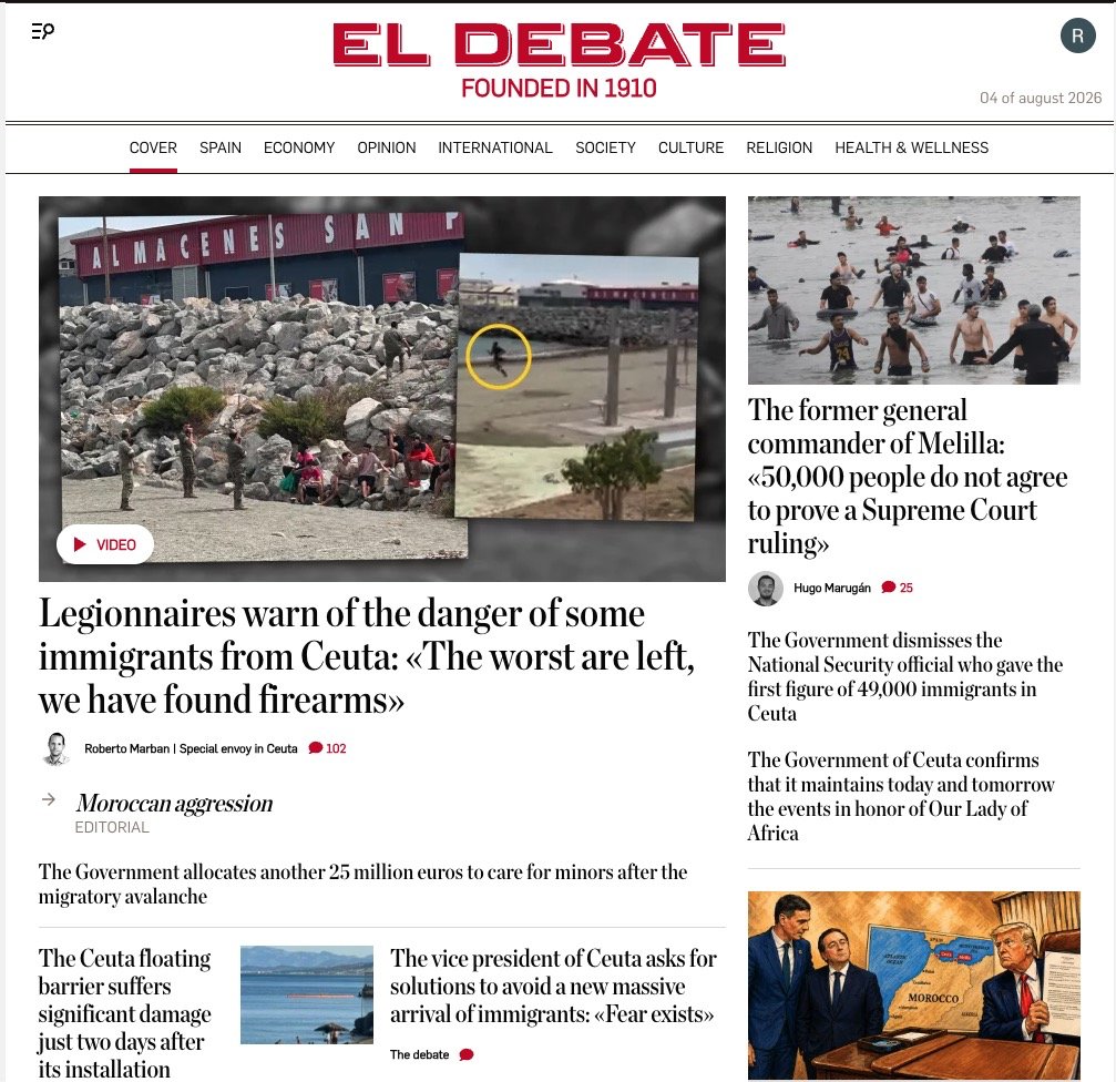 CorruptSanchez's tweet photo. Of course it is a LIE.
The only newspaper with english edition "EL PAIS", Pedro Sanchez's cheerleader, depicts tanned dudes with surfboards and insults against the rest of European members. For comparison, look at what the rest of newspaper say (including news of an upcoming invasion on the 15th of August)

We need help from the outside world to jail @sanchezcastejon for once. He is the leader of a criminal organization, a danger to Spain, a danger to Europe and a danger to the Western Civilization.