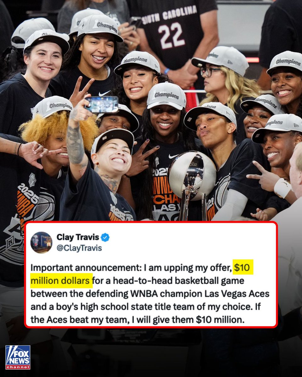 FoxNews's tweet photo. The debate over women's sports isn't slowing down, and now @ClayTravis is putting $10 million on the table.

The @Outkick founder is challenging the defending WNBA champions, the Las Vegas Aces, to face a boys high school state championship team, arguing the league should stand behind what supporters of transgender inclusion in women's sports believe.

"If the Aces beat my team, I will give them $10 million."

Travis notes the prize would amount to roughly one-third of the Aces' estimated annual revenue.

So far, there has been no public response from the team.