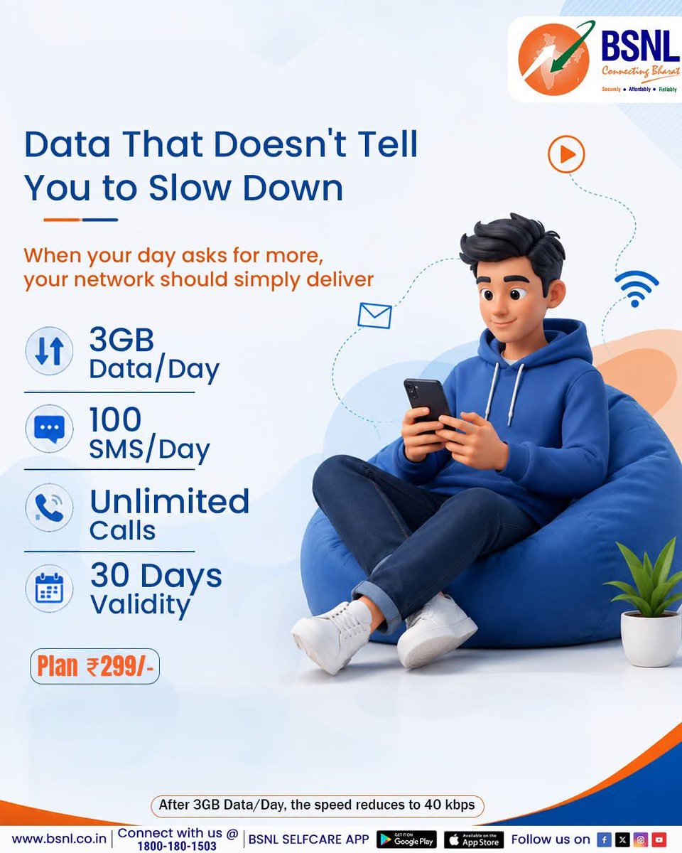 BSNL_GJ's tweet photo. Your everyday deserves more.
Recharge with the BSNL ₹299 Plan and keep your day moving without missing a moment.
#BSNLGUJARAT #StayConnected #InternetForEveryone #DigitalLife #IndiaOnline #BSNLServices #SmartIndia #EverydayConnectivity #299plan https://t.co/Zrsc2UWUUl