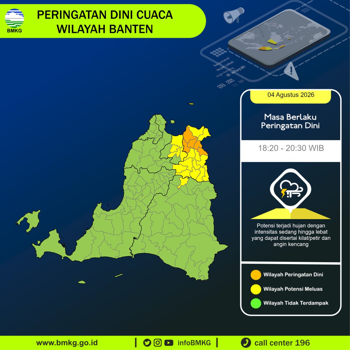 infoBMKG's tweet photo. Update Peringatan Dini Cuaca Wilayah - Banten Tgl. 04 Agustus 2026 pkl. 18:20 WIB
Prakirawan - BMKG - Banten 
https://t.co/d4tHCamtcF https://t.co/weZw0BNvOY