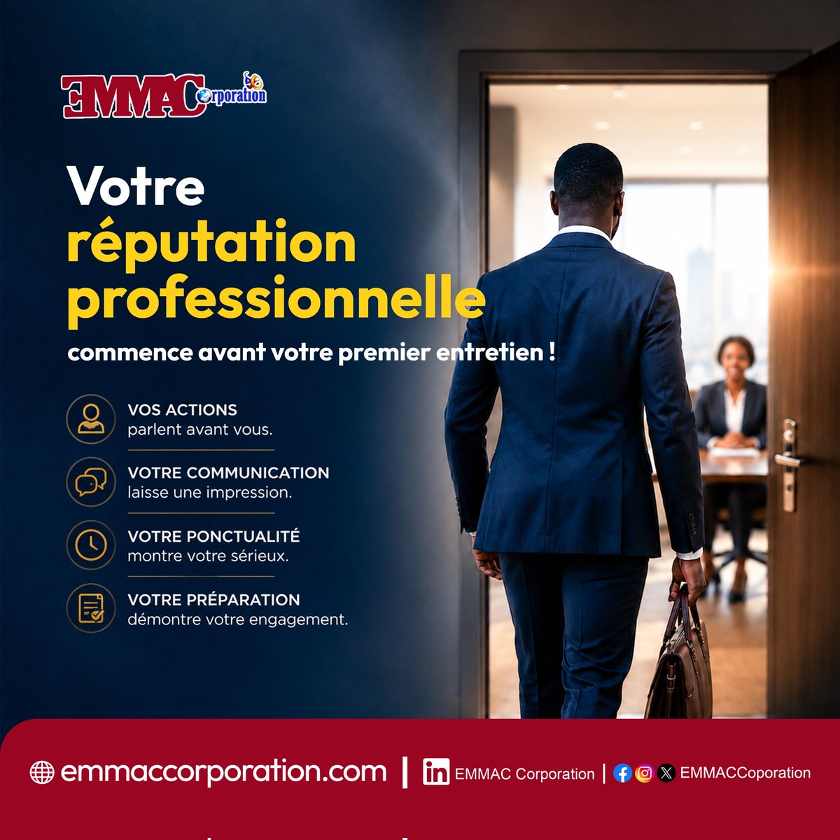EMMACCorporati2's tweet photo. Vos actions parlent avant vous. Faites en sorte qu'elles disent le meilleur.
#Réussite #Recrutement #EMMACCorporation https://t.co/BEdIzrY4OX