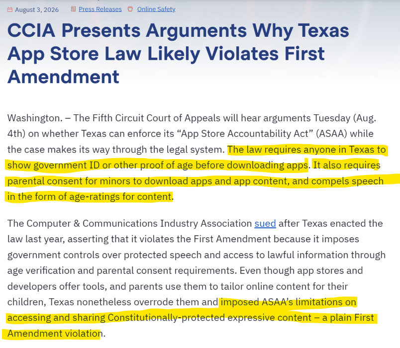 PKOproject's tweet photo. TODAY - The Fifth Circuit is hearing arguments on Texas’s App Store Accountability Act.

This law would force every Texan to show government ID (or other age proof) just to download apps and requires parental consent + compelled age ratings.

CCIA is challenging it as a clear First Amendment violation that overrides the tools parents already have and use.

Age verification mandates sold as “child safety” keep expanding.

Parents don’t need government ID checkpoints to protect their kids.

We already have the tools.
We are the firewall.