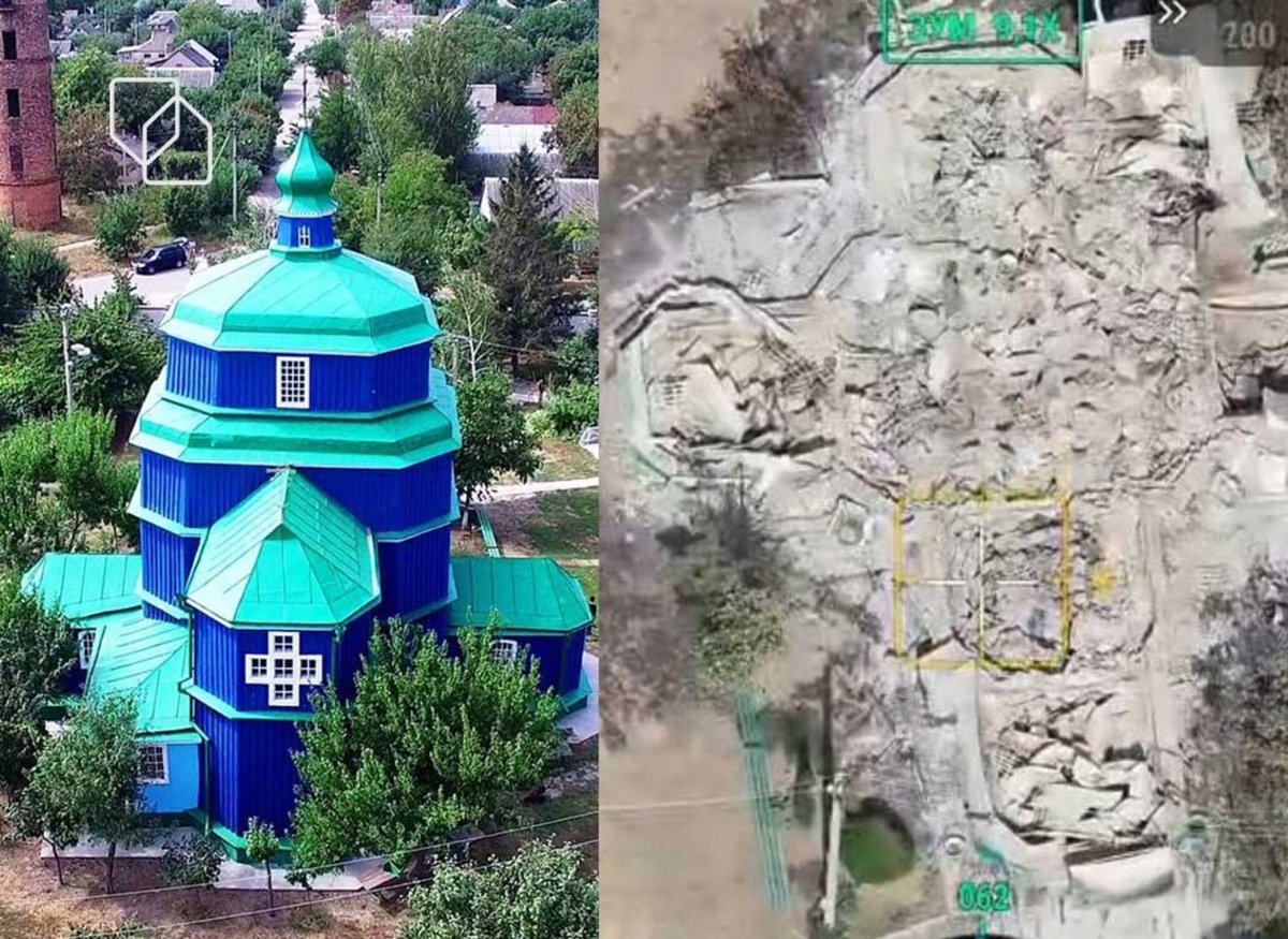 StratcomCentre's tweet photo. Russians have destroyed the 300 year old Holy Nativity Church in Beryslav – the only surviving example in Ukraine of 18th-century wooden Cossack religious architecture.

The church was built in 1725 from oak logs, without a single metal nail. It survived wars, empires, and Soviet anti-religious campaigns.

In 1784, the Cossacks transported the church across the Dnipro River from Peryvolochne to Beryslav, where it stood for over two centuries.

On August 1, a Russian drone completely destroyed the shrine. This is the 337th Ukrainian church destroyed or damaged by Russia since the beginning of the full-scale invasion.

The destruction of the church is yet another act of cultural genocide and a deliberate attack on Ukrainian shrines.