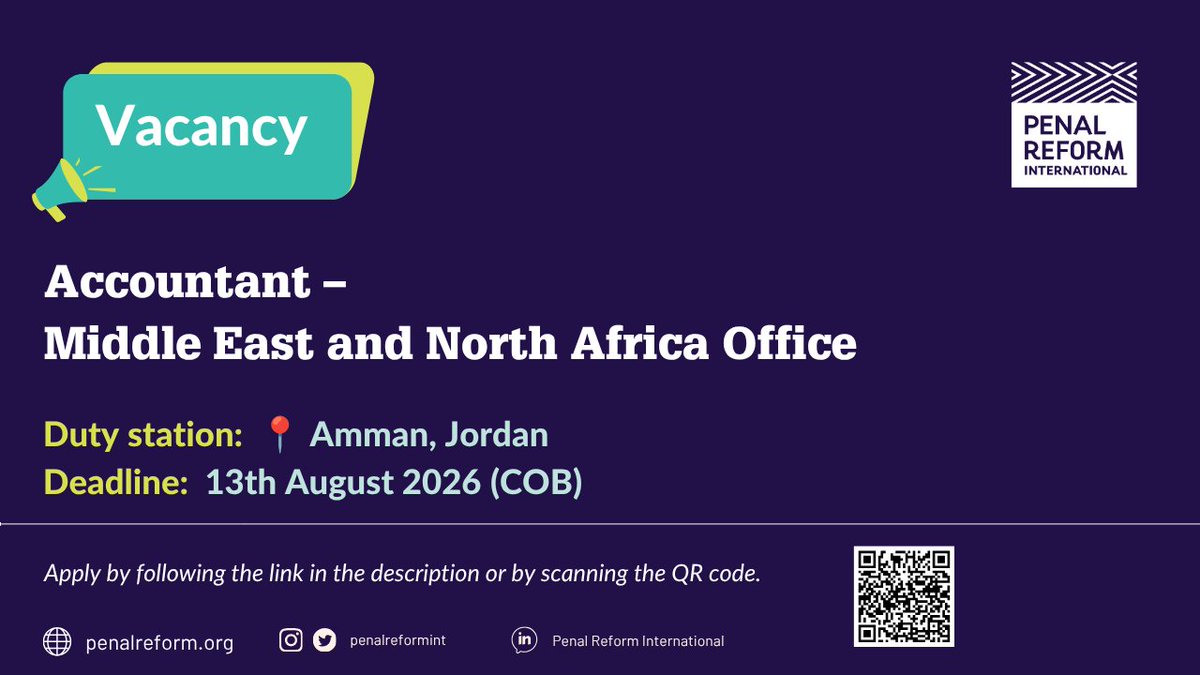 PenalReformInt's tweet photo. We're #hiring! 📍
 Amman, Jordan

PRI is looking for an #Accountant to join our Middle East and North Africa Office, supporting financial management across our regional programmes.

👉 Apply by 13 August 2026, find details here: https://t.co/lmX95Wxr1q https://t.co/0m9qhMCJaT