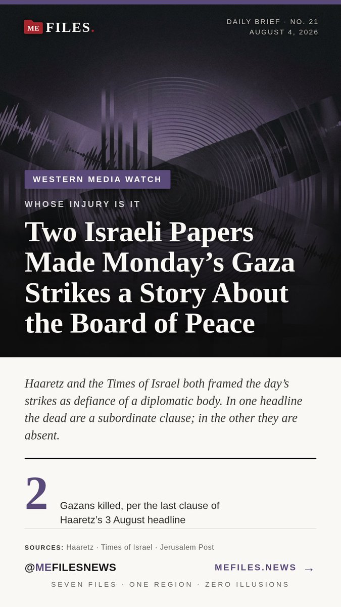 mefilesnews's tweet photo. Two Israeli Papers Made Monday’s Gaza Strikes a Story About the Board of Peace — the full file at https://t.co/VCyUanVIsH #MEFILES https://t.co/32VkdbocIj