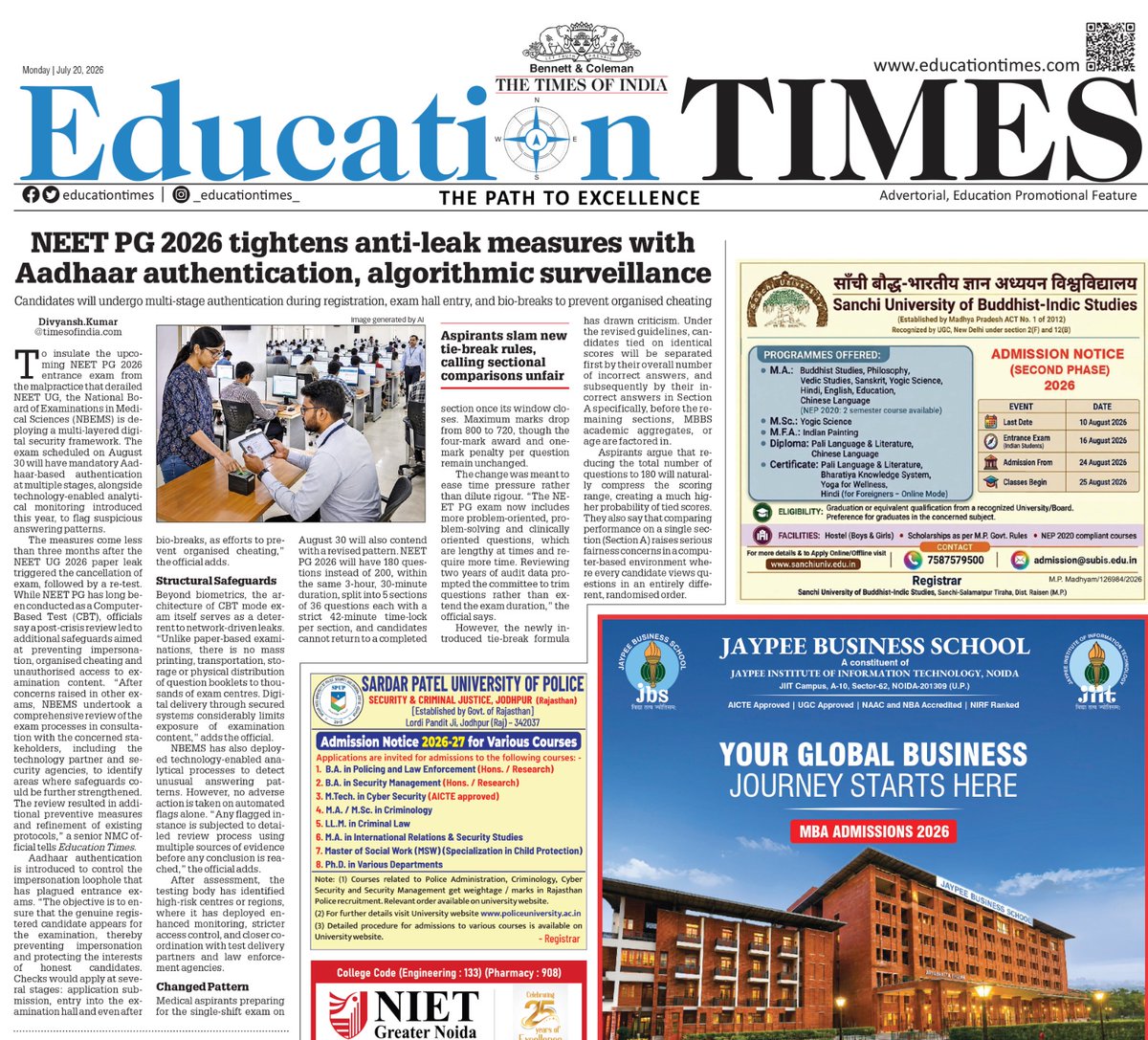 thakur_div01's tweet photo. NEET PG 2026 tightens anti-leak measures with Aadhaar authentication, algorithmic surveillance

Read full story here | https://t.co/a542ibnBUA

#NEETPG2026 #NEET #NEETEXAM #Aadhaar https://t.co/xnEcnOWeNZ