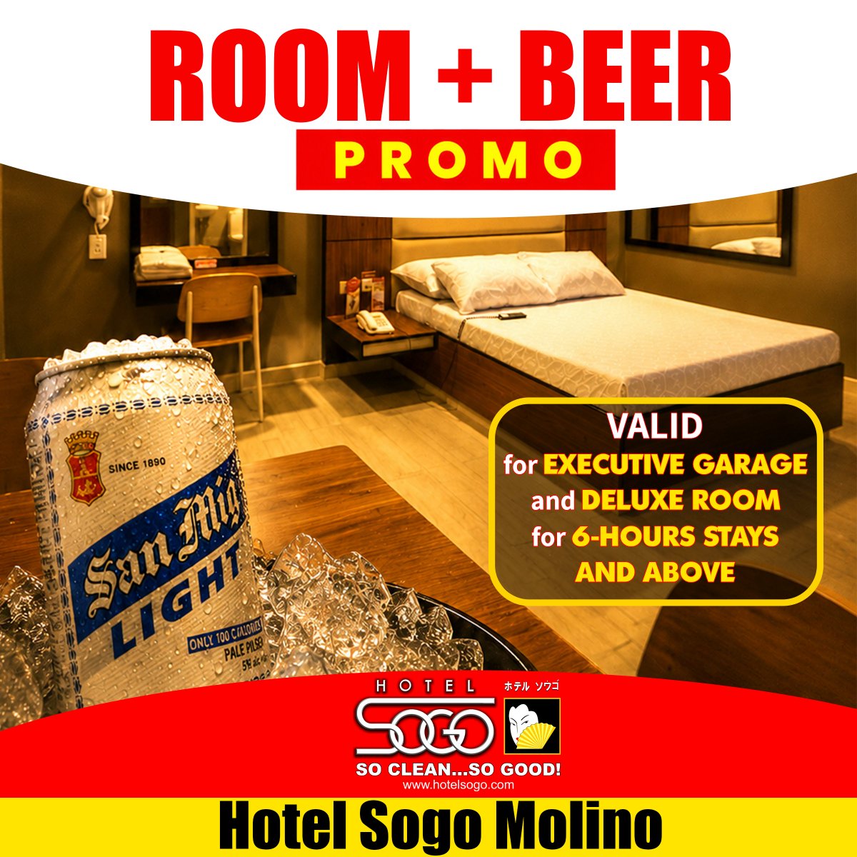 HotelSogo's tweet photo. Your Stay Comes with a Refreshing Bonus. 
Experience comfort at Hotel Sogo-Molino and enjoy an extra treat.
Guests who book an Executive Garage or Deluxe Room for 6 hours or more will receive 1 FREE San Mig Light Beer.

#HotelSogo #HotelSogoMolino #SoCleanSoGood #beerpromo https://t.co/f62NzQWkNM
