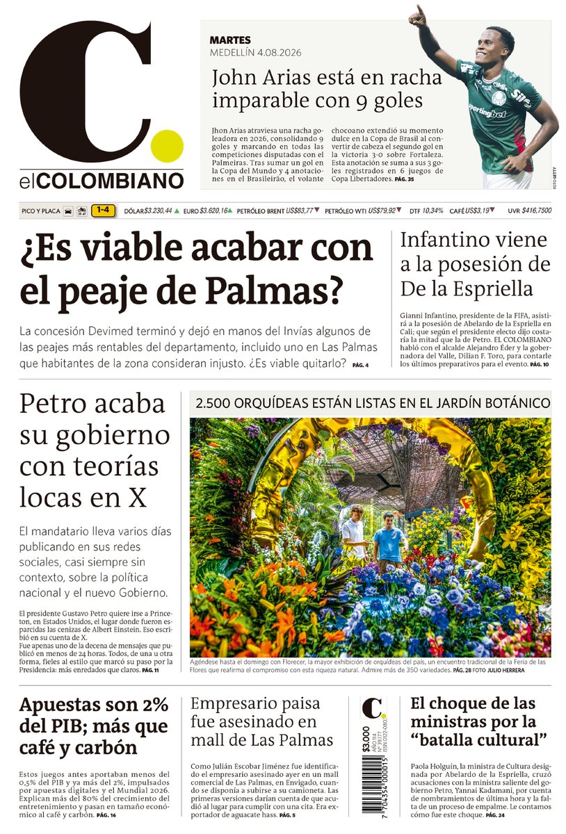 elcolombiano's tweet photo. ¡Buenos días! ☀️ Compartimos la #PortadaEC 🗞️ de este martes, 4 de agosto. Nos vemos en ➡️ https://t.co/11QZUnhezI con más noticias de Antioquia, Colombia y el mundo. 🌎 https://t.co/XY6E9etJEm