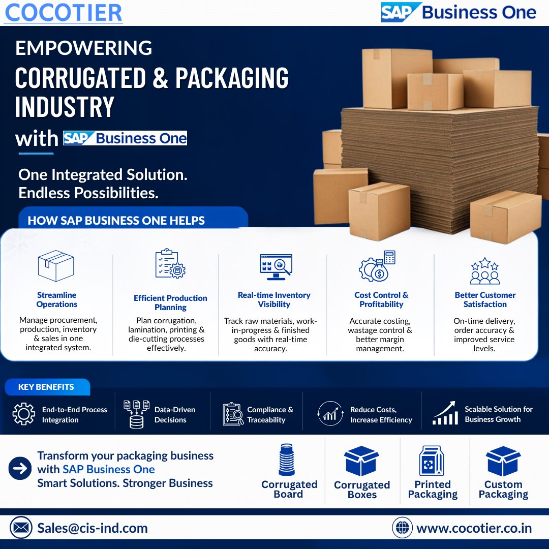 CocotierL23558's tweet photo. Smarter packaging starts with smarter ERP. 📦
Manage production, inventory, costing, and sales seamlessly with SAP Business One.
#sapbusinessone #erp #packagingindustry #manufacturing #automation #cocotier #corrugated https://t.co/nyELVPdYVO