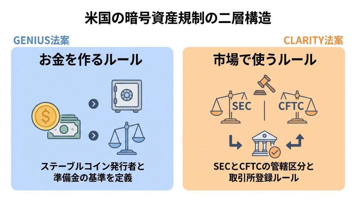 meke_crypto's tweet photo. 🚀米国の暗号資産規制、実は2段階で���んでいます。

ジーニアス法は、ステーブルコインを誰が、どんな準備金で発行できるかを決める法律。

クラリティ法案は、どの暗号資産をSECとCFTCのどちらが見るのか、取引所はどう登録するのかを決める法案です。

つまり、
・��ーニアス法が「お金を作るルール」、
・クラリティ法案が「市場で使うルール」。

次に必要なのは、やはりクラリティ法案の成立でしょうか？⚡

#ジーニアス法 #クラリティ法案
