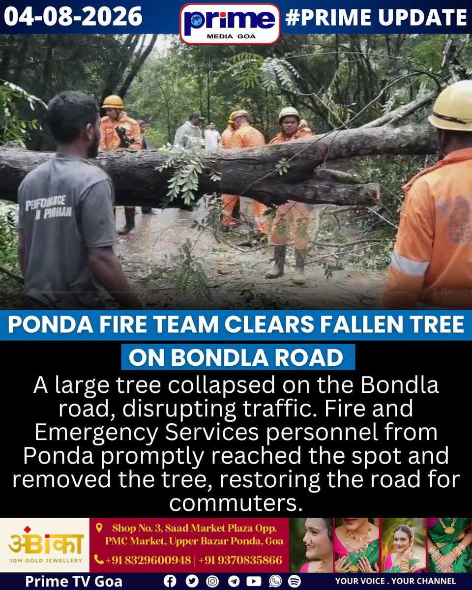 PrimeTVGoa's tweet photo. Ponda Fire Team Clears Fallen Tree on Bondla Road.
#Bondla #BondlaRoad #Goa #TreeFall #FireAndEmergencyServices #PondaFireStation #RoadSafety #TrafficUpdate #GoaNews #MonsoonUpdate #PrimeMediaGoa #NewsUpdate https://t.co/IMtgZTjIVm