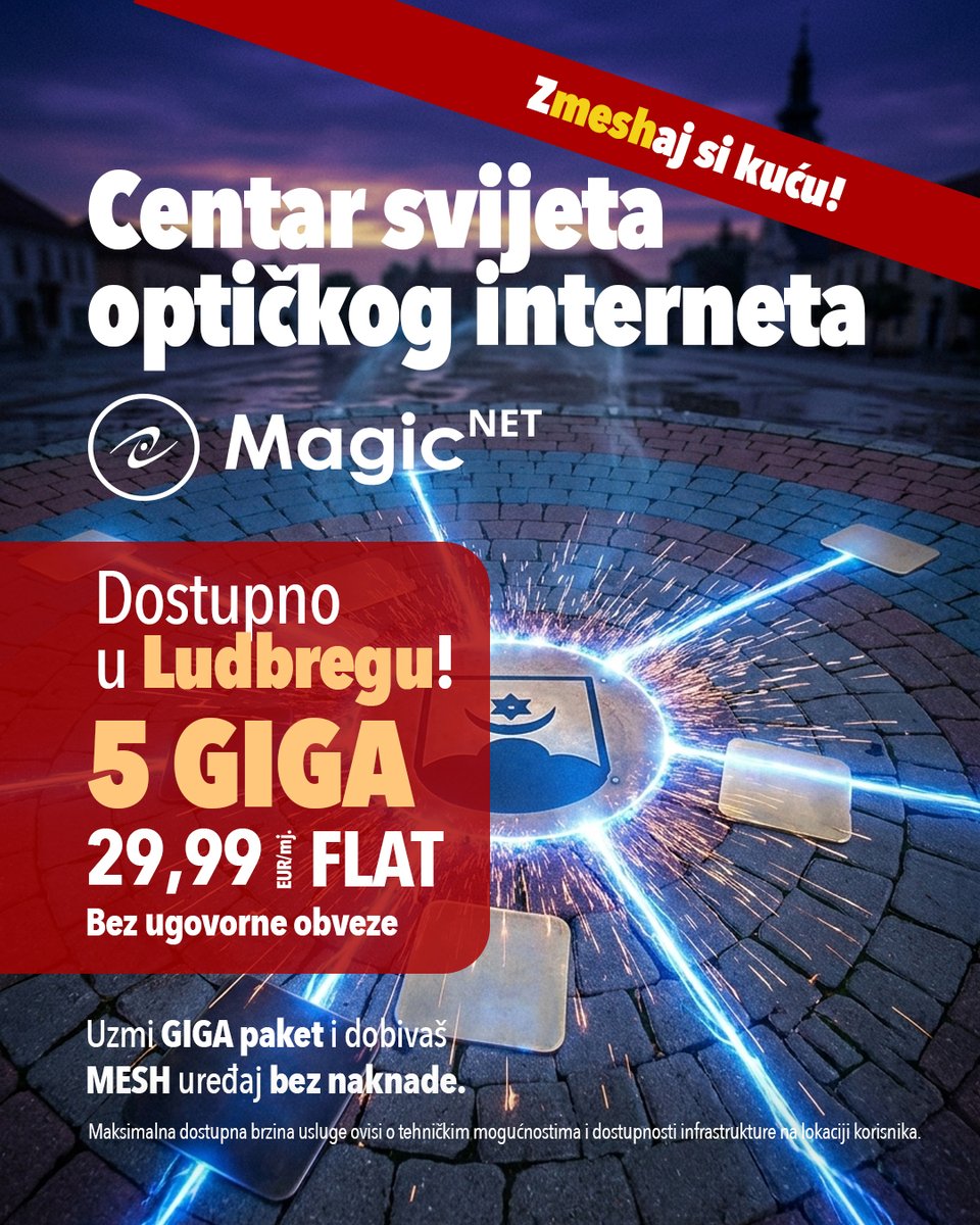 MagicNetdoo's tweet photo. Od sada Ludbreg nije samo centar svijeta – nego i centar svijeta optičkog interneta! 5 GIGA internet dostupan je na području Grada Ludbrega. Nazovi i spoji se na najbrži optički internet u Ludbregu. MAGIC NET – tvoj telekom. #MagicNet #Ludbreg #OptičkiInternet #GIGApaket https://t.co/Cg6STmrkU2
