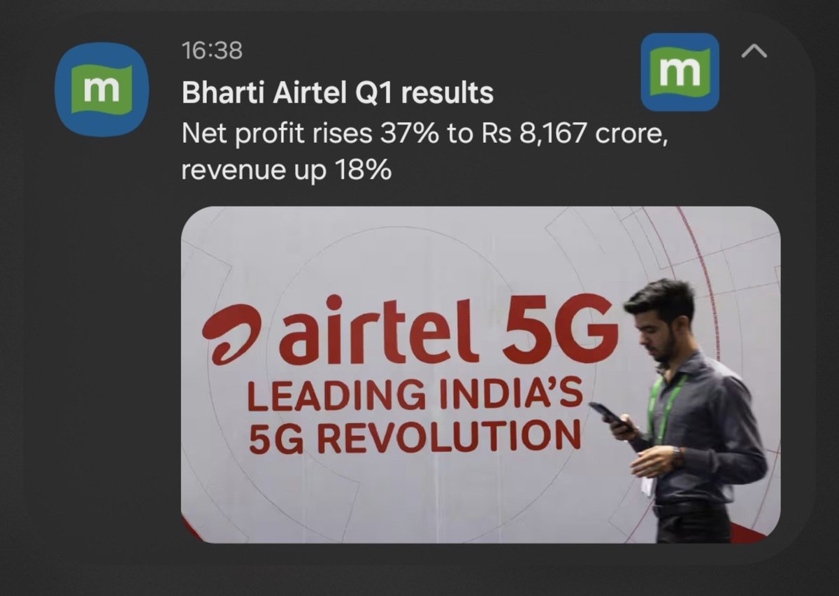 _kumbhkaran's tweet photo. Got this notification of quarterly results of Bharti Airtel.

> Net profit up 37% to ₹8,167 crore.
> Revenue up 18% to ₹58,539 crore.

Reliance Jio isn't publicly listed, but its numbers are also similar.

Imagine companies earning annual profits of over ₹30,000 crore still increasing mobile plan prices by 15–20% almost every year.

If this isn't open loot by a duopoly, then what is? How is this justified?