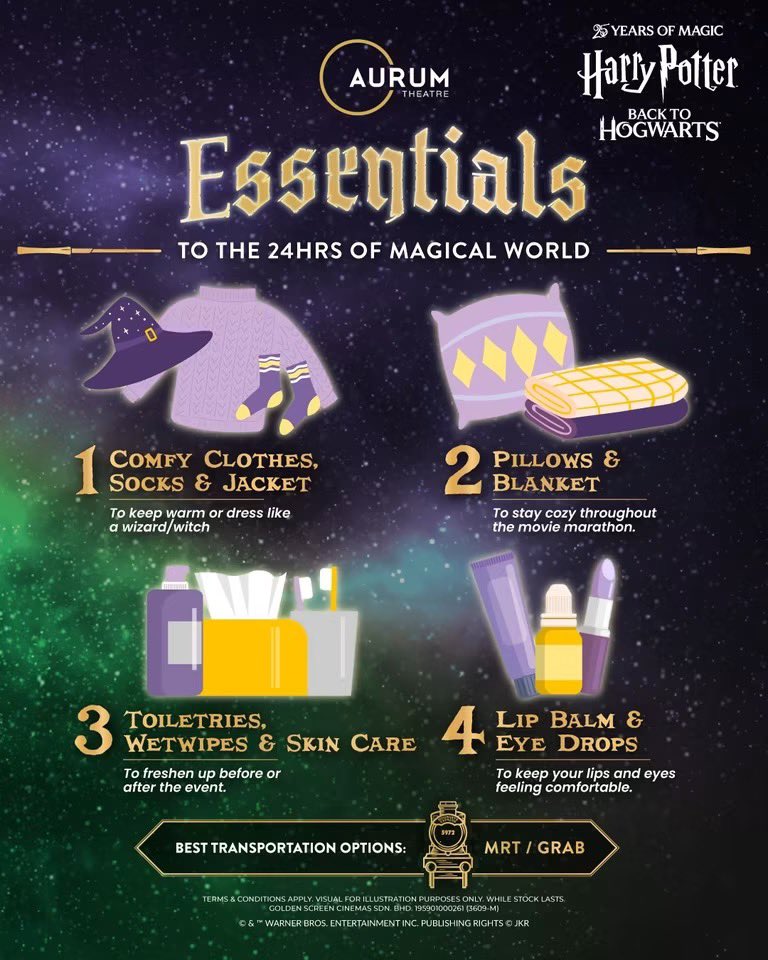 GSCinemas's tweet photo. ✨ Celebrate 25 years of #HarryPotter magic with the return of our legendary 24-Hour Harry Potter Marathon, and quite possibly, for the very last time ever.

Join us on 28 August at Aurum Theatre, The Exchange TRX as we journey through all 8 Harry Potter films in one unforgettable adventure, complete with hearty meals, unlimited snacks, exclusive merchandise, and magical keepsakes along the way. 🎬🍴🛍️

Choose your bundle:

🪄 The Knight Bus Bundle
1× 2D Aurum Pass to all 8 Harry Potter films
3× Main Meals
1× Printed Merchandise
1× Marathon Certificate
1× Exclusive Harry Potter Tumbler
Unlimited Popcorn, Drinks & Snacks

🚂 The Hogwarts Express Bundle
1× Getha Lux Suite Aurum Pass to all 8 Harry Potter films
3× Main Meals
1× Printed Merchandise
1× Marathon Certificate
1× Exclusive Harry Potter Tumbler
Unlimited Popcorn, Drinks & Snacks
1× Getha Lux Blanket
1× Getha Zero Carbon Tencel Eye Mask
1× Getha Premium Botanical Body Wash (Ginseng) – 500ml

⚡ Seats are extremely limited. Celebrate 25 years of the Wizarding World and don’t miss what could be your last chance to experience our iconic 

#24HourHarryPotterMarathon #HarryPotterMovie  #25YearsOfMagic #Malaysia