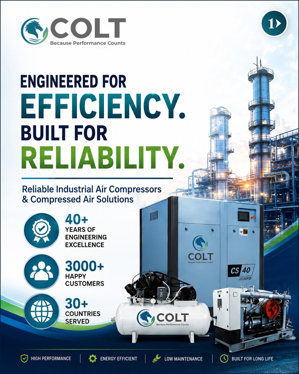 Colt_Equipment's tweet photo. 🚀 Engineered for Efficiency. Built for #Reliability.
At #COLTEquipments Pvt. Ltd., we don't just manufacture air compressors—we deliver complete #compressed #air #solutions that help #industries maximize productivity, reduce operating costs, and achieve long-term reliability. https://t.co/V9l6RIuHmJ