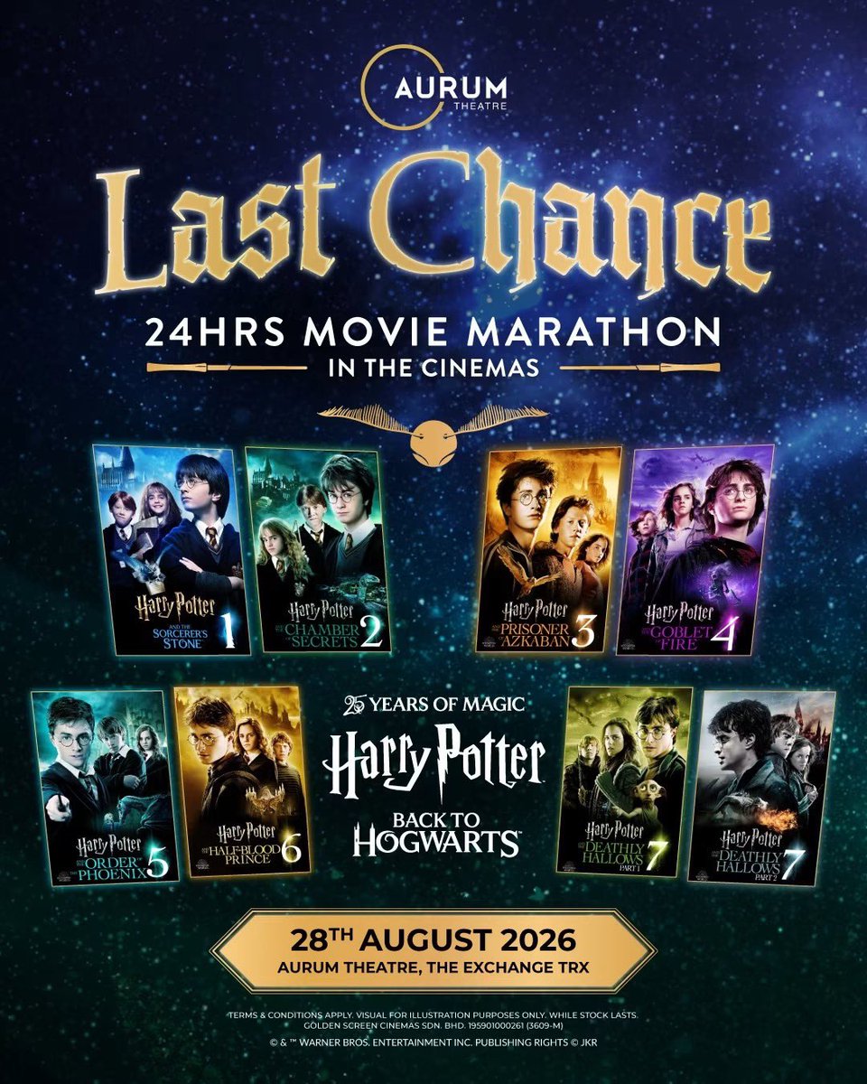 GSCinemas's tweet photo. ✨ Celebrate 25 years of #HarryPotter magic with the return of our legendary 24-Hour Harry Potter Marathon, and quite possibly, for the very last time ever.

Join us on 28 August at Aurum Theatre, The Exchange TRX as we journey through all 8 Harry Potter films in one unforgettable adventure, complete with hearty meals, unlimited snacks, exclusive merchandise, and magical keepsakes along the way. 🎬🍴🛍️

Choose your bundle:

🪄 The Knight Bus Bundle
1× 2D Aurum Pass to all 8 Harry Potter films
3× Main Meals
1× Printed Merchandise
1× Marathon Certificate
1× Exclusive Harry Potter Tumbler
Unlimited Popcorn, Drinks & Snacks

🚂 The Hogwarts Express Bundle
1× Getha Lux Suite Aurum Pass to all 8 Harry Potter films
3× Main Meals
1× Printed Merchandise
1× Marathon Certificate
1× Exclusive Harry Potter Tumbler
Unlimited Popcorn, Drinks & Snacks
1× Getha Lux Blanket
1× Getha Zero Carbon Tencel Eye Mask
1× Getha Premium Botanical Body Wash (Ginseng) – 500ml

⚡ Seats are extremely limited. Celebrate 25 years of the Wizarding World and don’t miss what could be your last chance to experience our iconic 

#24HourHarryPotterMarathon #HarryPotterMovie  #25YearsOfMagic #Malaysia