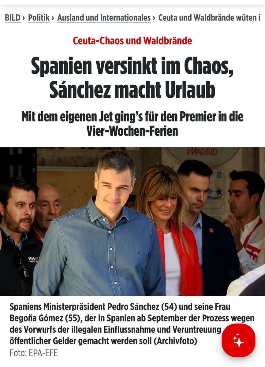 ninavars's tweet photo. "Sánchez disfruta de Lanzarote; Ceuta cuenta a sus muertos."

Ayer, el diario alemán Bild publicó un artículo con un titular que lo dice todo: "España se hunde en el caos, Sánchez se va de vacaciones". 
Lo que más llama la atención es el tono de incredulidad del artículo: les cuesta entender que, en plena crisis de Ceuta y con los incendios forestales, el presidente se tome 4 semanas de vacaciones en el Falcon. Y apuntan un dato: será el líder europeo que más vacaciones se coja este verano. Recuerdan también que el juicio contra Begoña Gómez comenzará en septiembre.
