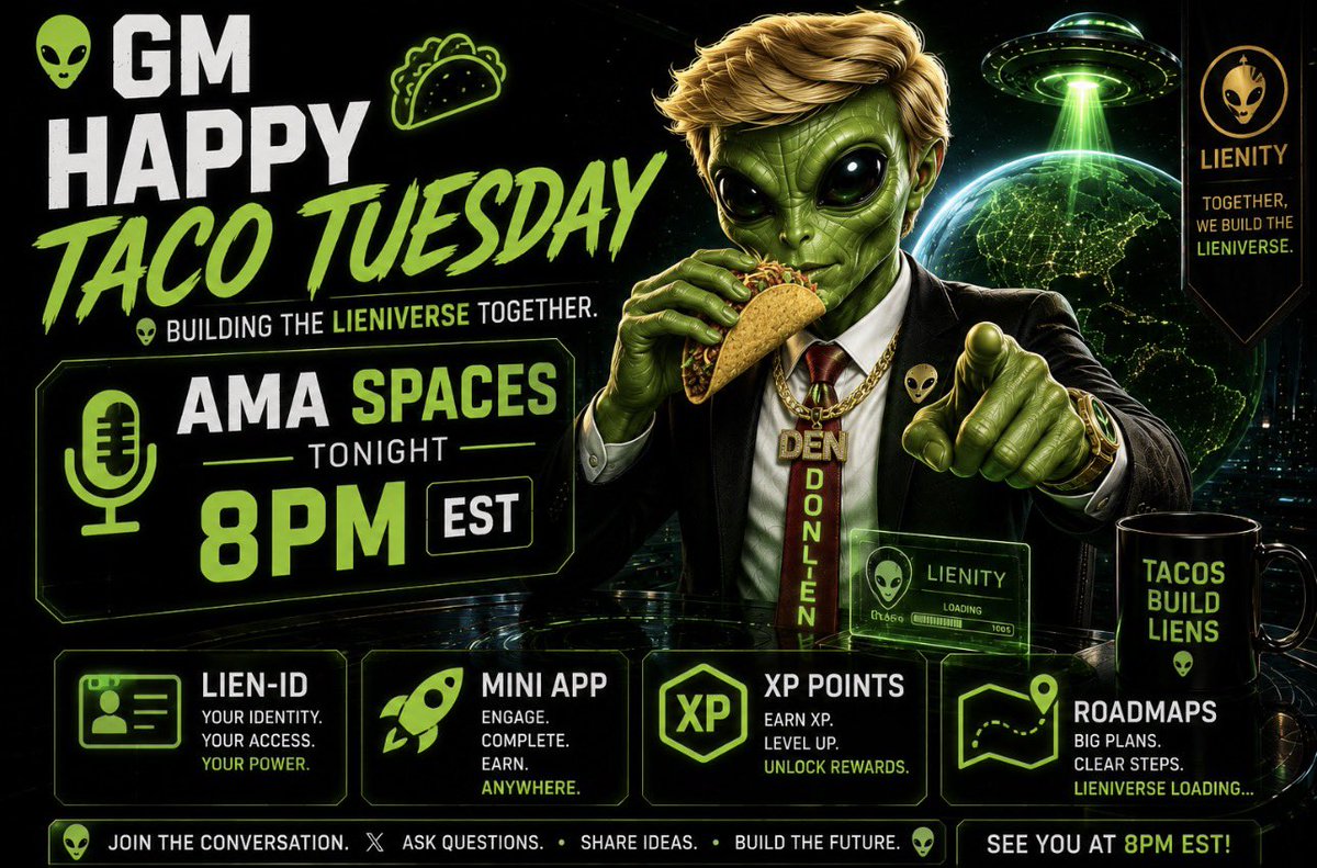 DONLIEN51's tweet photo. GM, LIENITY! 👽

Today we’re going LIVE on X Spaces to talk about:

🪪 LIEN ID
🛸 Genesis LIENFTs
⚡ XP points and seasonal progression
🗺️ The DEN roadmap

This project is being built with the community, for the community.

Your identity. Your progress. Your place in the LIENIVERSE.

Launch Intelligence. Verify Truth. Build the Future.

#SOLANA #HEDERA #CRYPTO #MEME
